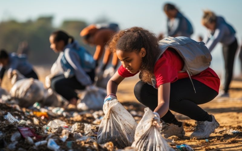 A group of young children and teenagers is cleaning up plastic waste on the beach. Generative AI